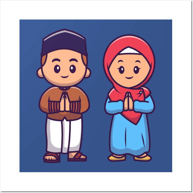 Cute Girl And Boy Moslem Celebrating Ied Mubarak Cartoon Wall Art by Catalyst Labs